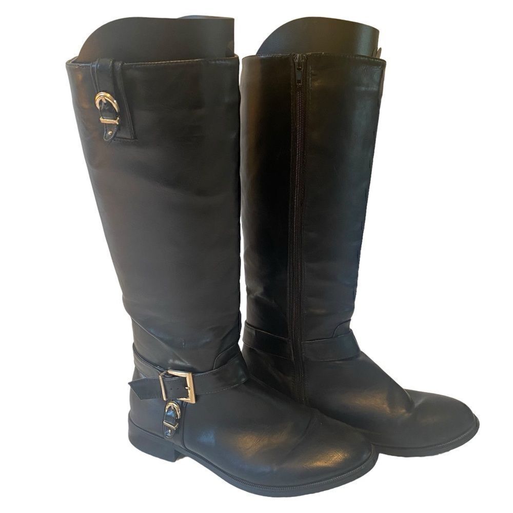 Intuition Knee High Black Faux Leather Side Zippered Low Heel Ladies Boots Sz 8